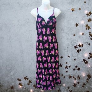 MODA INTERNATIONAL 90s/Y2K Black & Purple Floral Maxi Slip Dress Sz S